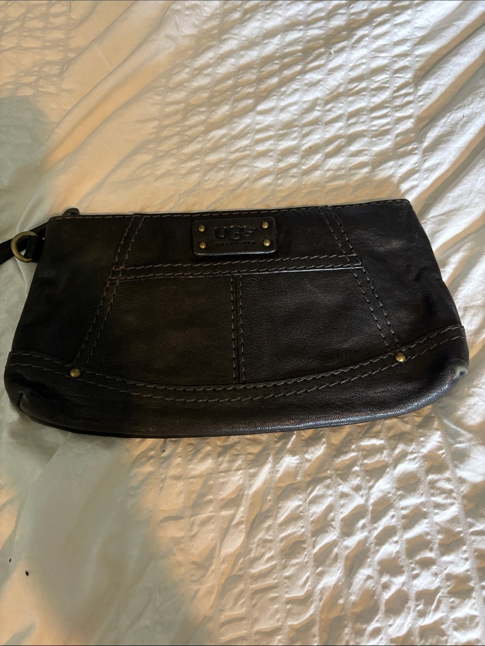 UGG Vintage Black Leather Wristlet Clutch with Brass Accents